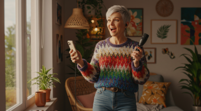 Excited content creator recording a video using a smartphone and microphone at home.