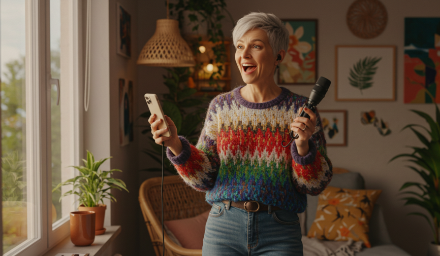 Excited content creator recording a video using a smartphone and microphone at home.